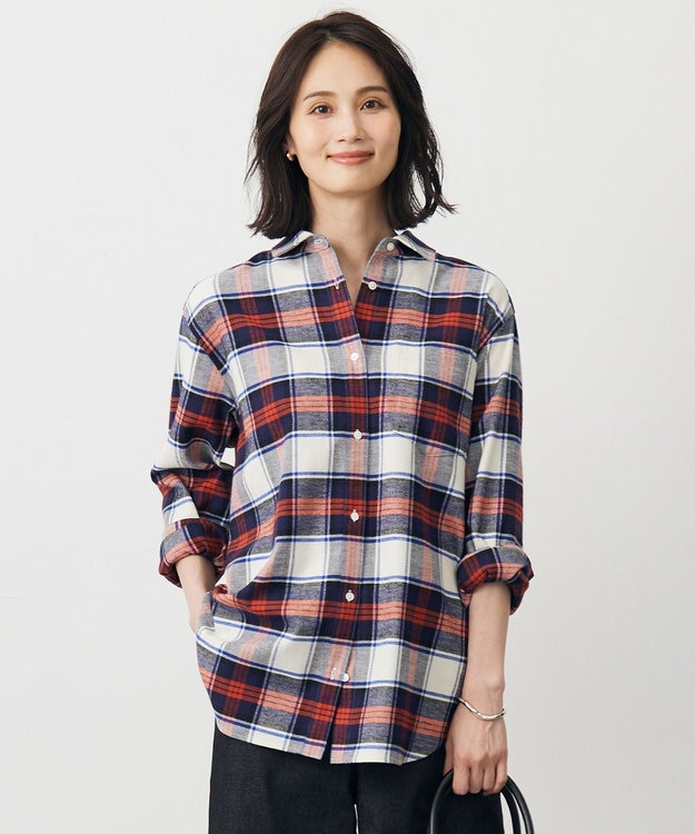 J.PRESS LADIES L コットン起毛タータンチェック シャツ ブラウス オフ×ネイビー×レッドチェック系
