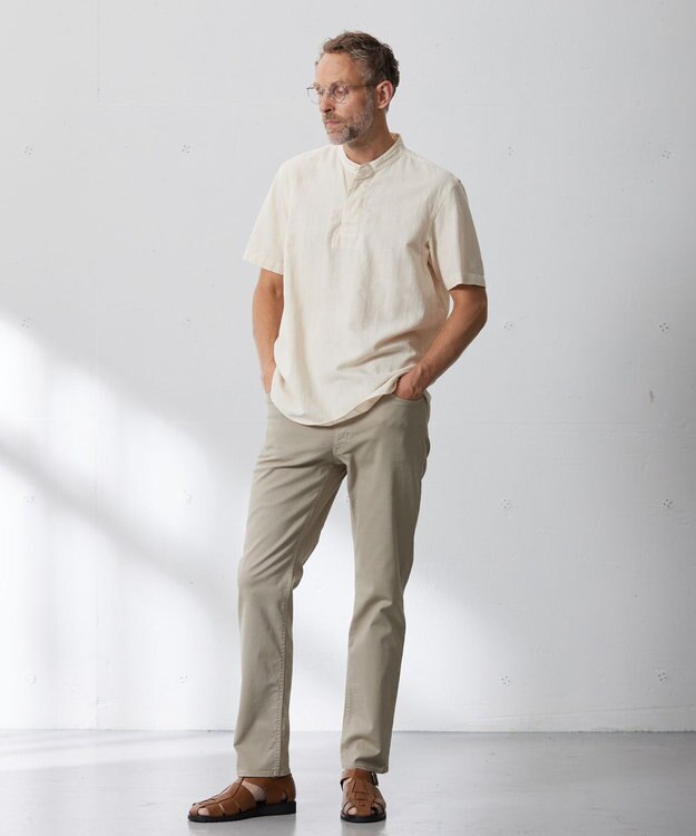 J.PRESS MEN 【HYBRID LINEN】ドビーストライプ バンドカラーラガーシャツ ベージュ系