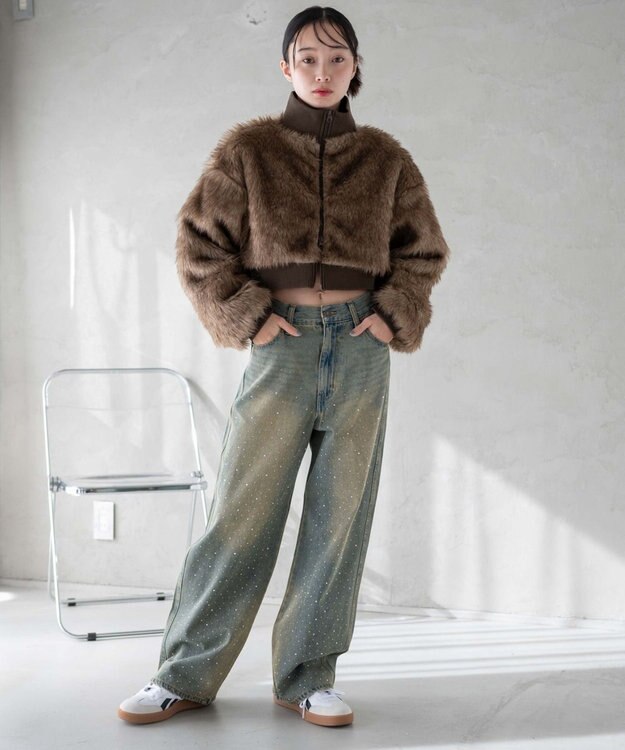 WEGO ラインストーンストレートデニムパンツ デニム淡加工色