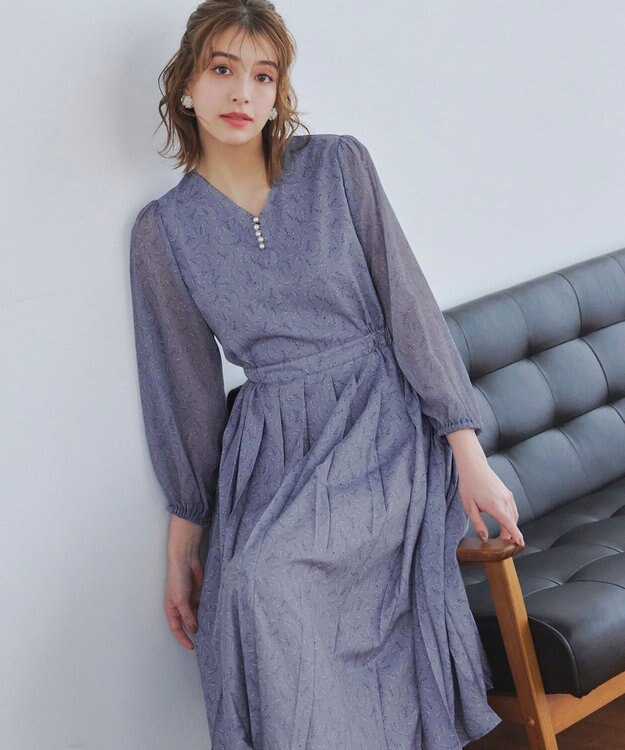 Tiaclasse 【洗える】花柄シフォン袖ワンピース ブルー