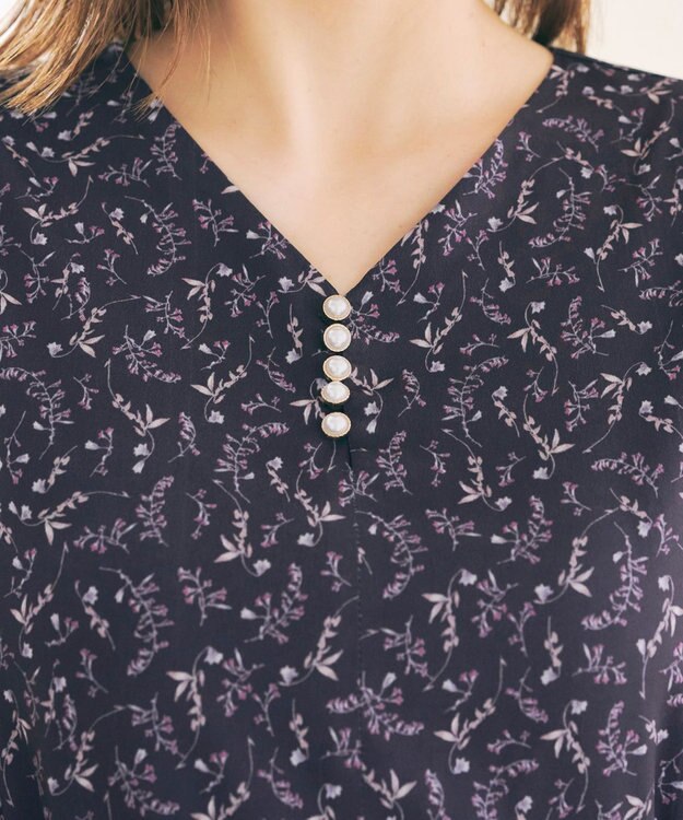 Tiaclasse 【洗える】花柄シフォン袖ワンピース チャコールグレー