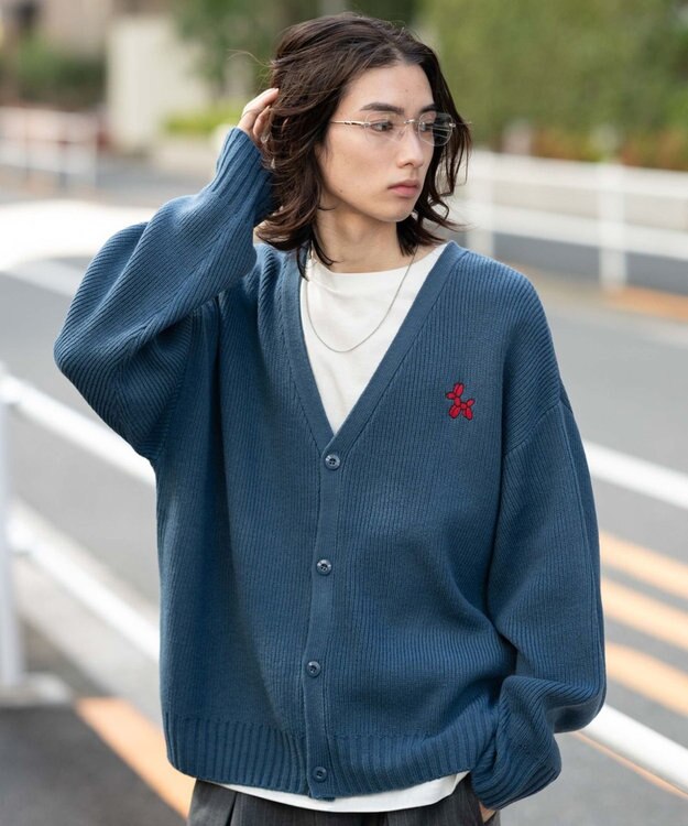 WEGO 【ユニセックス着用ITEM】ワンポイントニットカーディガン ブルー