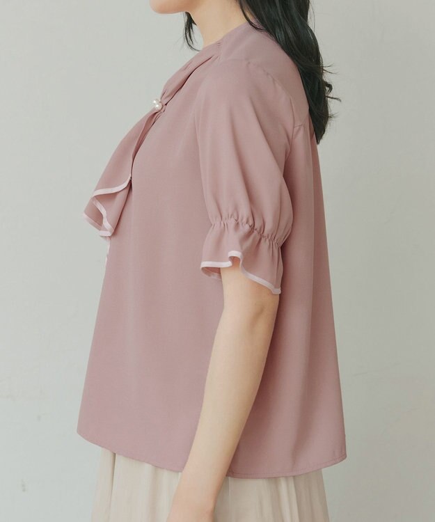 Tiaclasse L 配色パイピングボウタイブラウス ピンク