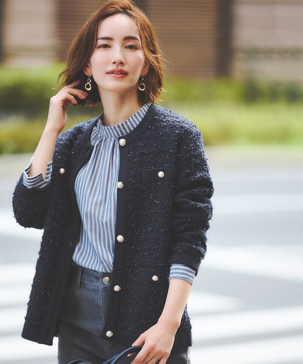 ANY SIS 【洗える】フェイクパールストライプ ブラウス ブルーストライプ