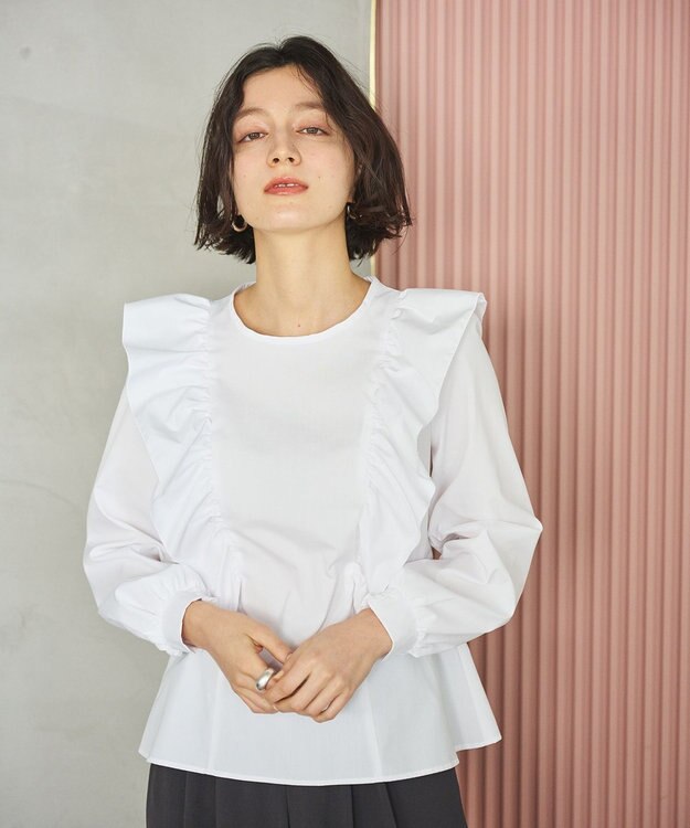 #Newans 【洗濯機可能/シワになりにくい】〈小柄さんにお勧め〉バーティカルフリルブラウス ホワイト