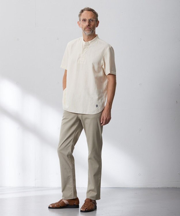J.PRESS MEN 【HYBRID LINEN】ドビーストライプ バンドカラーラガーシャツ ベージュ系