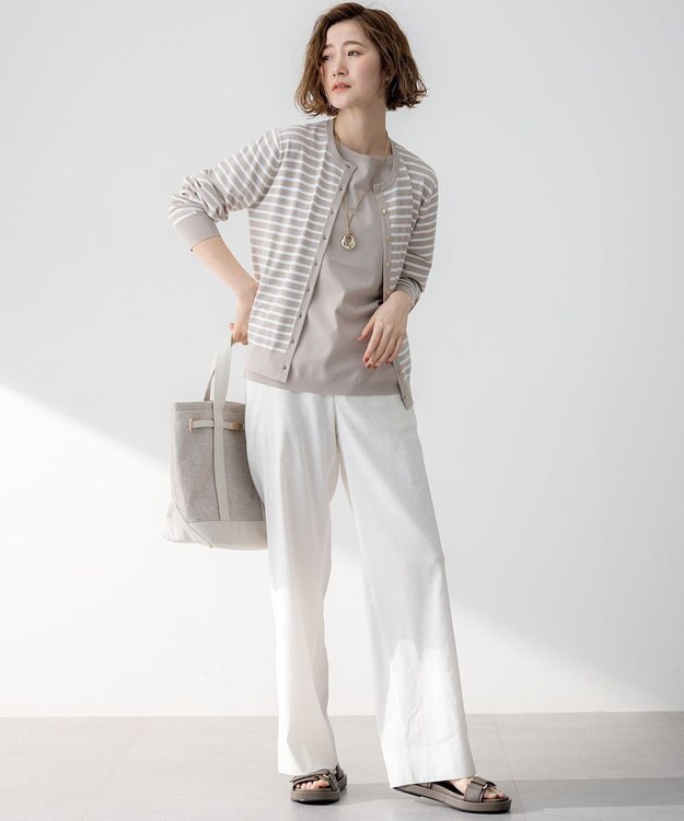 23区 S 【洗える】レーヨンポリエステルストレッチ カーディガン ベージュ×オフボーダー