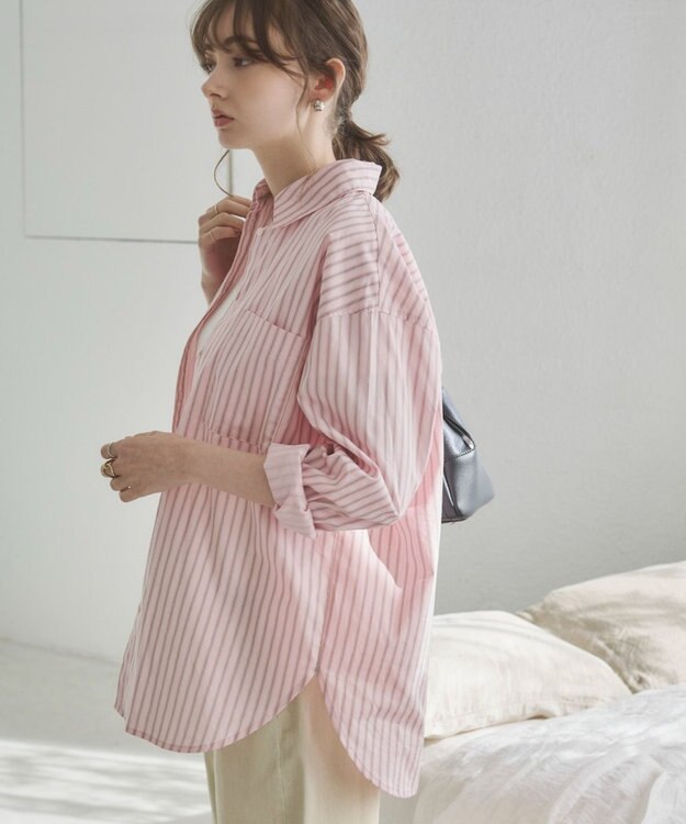 WEGO 【ANGIE VINTAGE】スカーフ付きオーバーサイズストライプシャツ ピンクソノタ