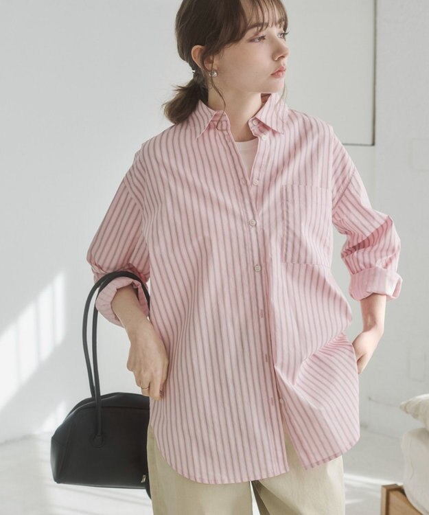 WEGO 【ANGIE VINTAGE】スカーフ付きオーバーサイズストライプシャツ ピンクソノタ
