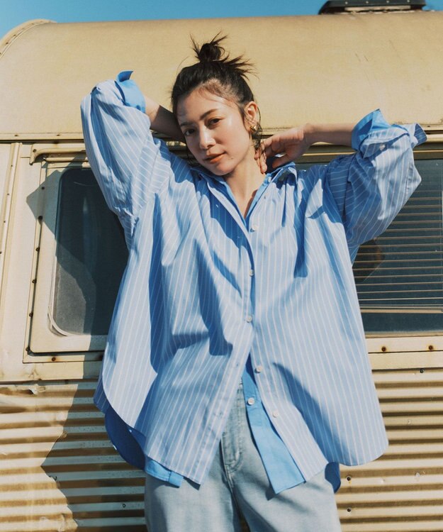 UNFILO 【WEB限定カラー】コットン オーバーシャツ ストライプ(ブルー×オフ)