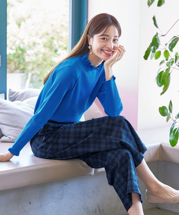 Tiaclasse 【安田美沙子さん着用・洗える】起毛チェック柄ワイドパンツ ネイビー