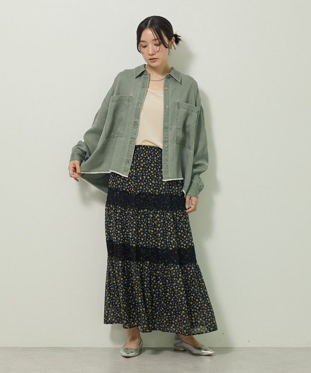 Green Parks レースドッキング花柄ティアードスカート Yellow