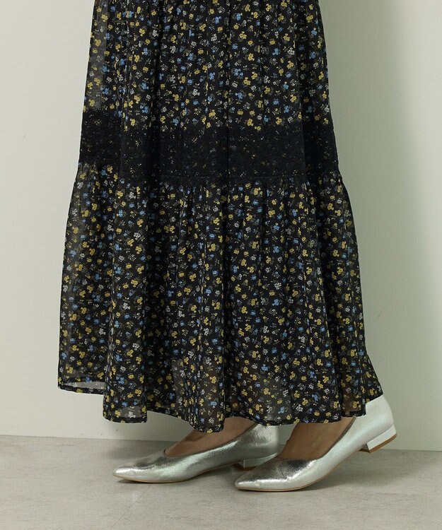 Green Parks レースドッキング花柄ティアードスカート Yellow