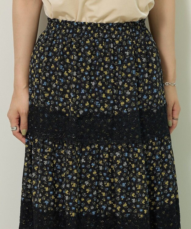 Green Parks レースドッキング花柄ティアードスカート Yellow