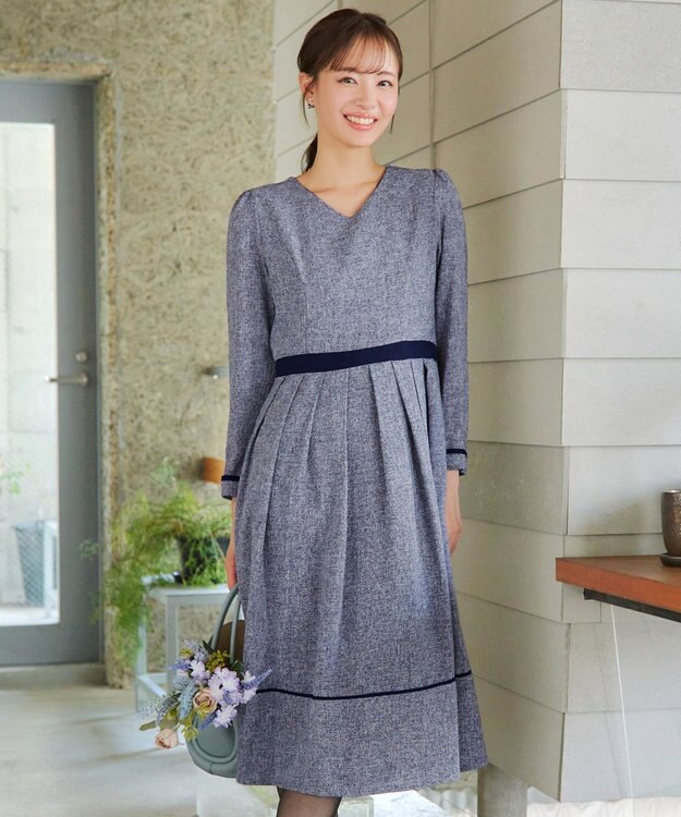 Tiaclasse 【洗える】配色パイピングフレアワンピース ネイビー
