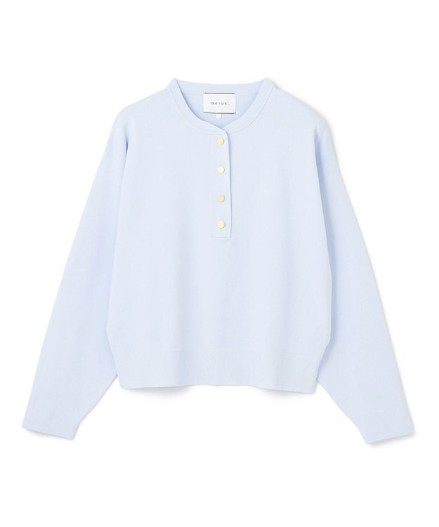 BEIGE， 【洗える】LAURA / クルーネックボタンニットトップス Sax