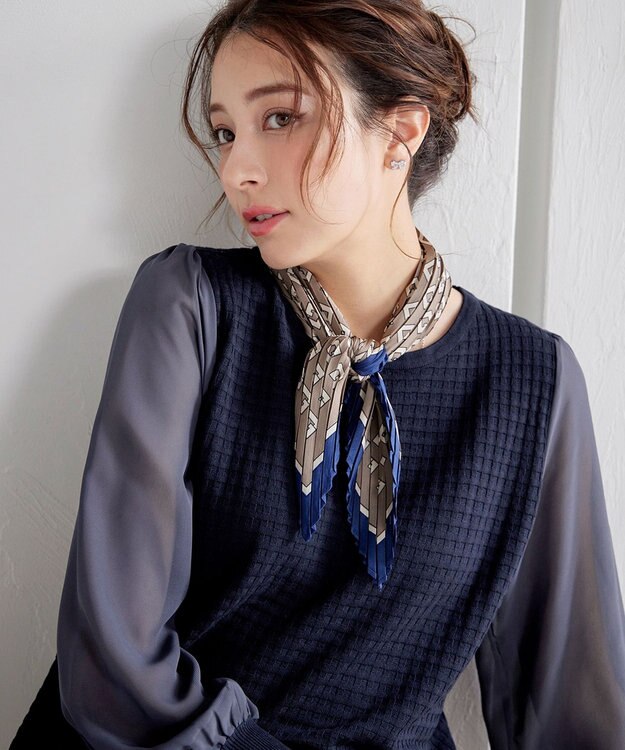 Tiaclasse L 【新色追加・洗える】シアーチェック柄ニットチュニック ネイビー