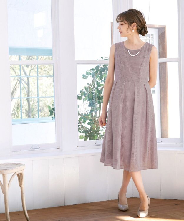 Tiaclasse 【新色追加・洗える】大人上品な総レースワンピース ラベンダーグレー