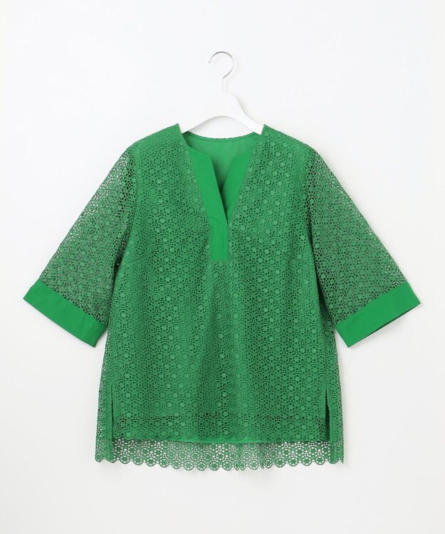 自由区 S 【洗える】ジオメトリックフラワーレースプルオーバー ブラウス グリーン