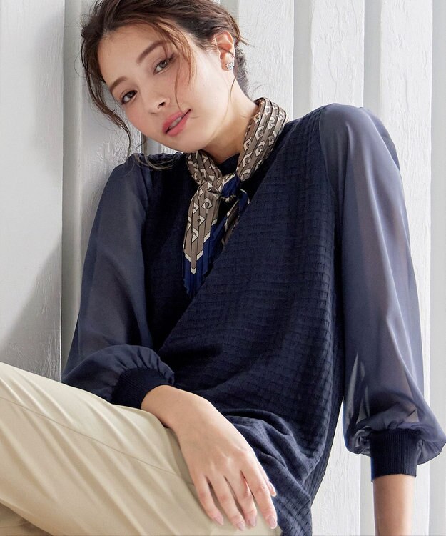 Tiaclasse L 【新色追加・洗える】シアーチェック柄ニットチュニック ネイビー