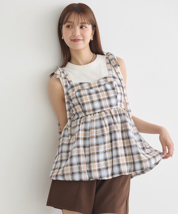 earth music&ecology チェックパターンバルーンキャミビスチェ Grayish Blue