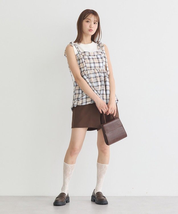 earth music&ecology チェックパターンバルーンキャミビスチェ Grayish Blue