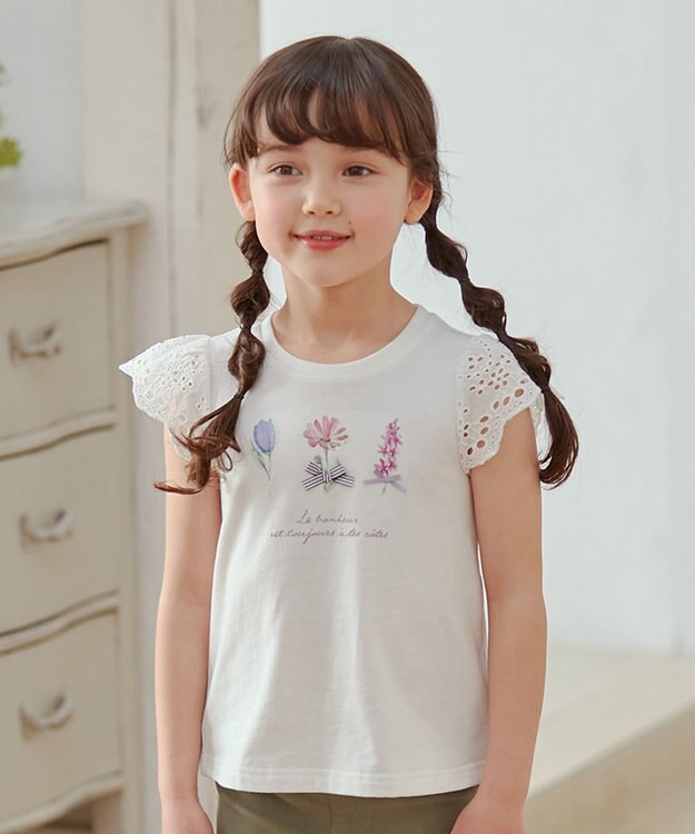 ANY KIDS フラワー スパンコール Tシャツ オフホワイト