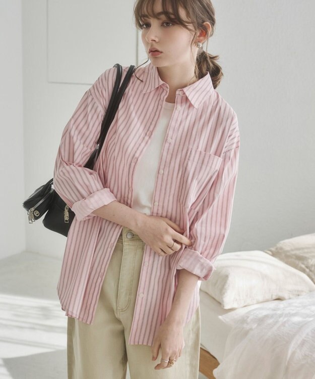 WEGO 【ANGIE VINTAGE】スカーフ付きオーバーサイズストライプシャツ ピンクソノタ