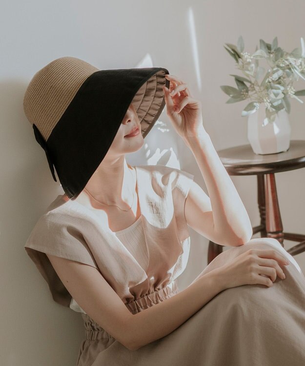 MOONBAT 【遮光100%/UPF50%＋/UVカット】洗えるバックリボン ブレードパラソルハット 手洗いOK/サイズ調整可能/吸水速乾/遮熱 ブラック