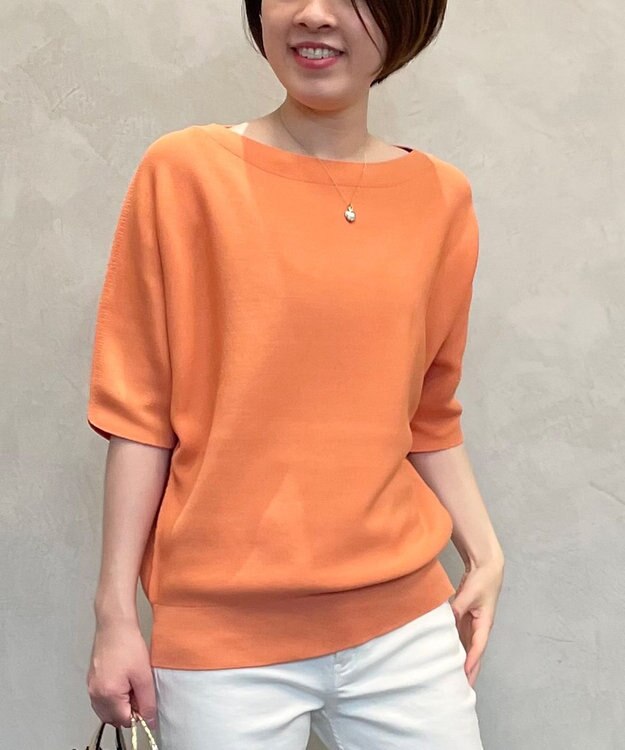 自由区 【洗える】コットンストレッチホールガーメント プルオーバー ニット ライトオレンジ系