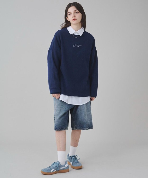 WEGO 【ユニセックス着用ITEM/SMLサイズ展開】アクセ付きワンポイントニットプルオーバー ネイビー