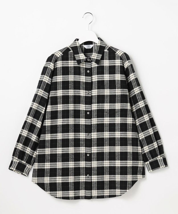 J.PRESS LADIES L コットン起毛タータンチェック シャツ ブラウス ブラック×オフチェック系