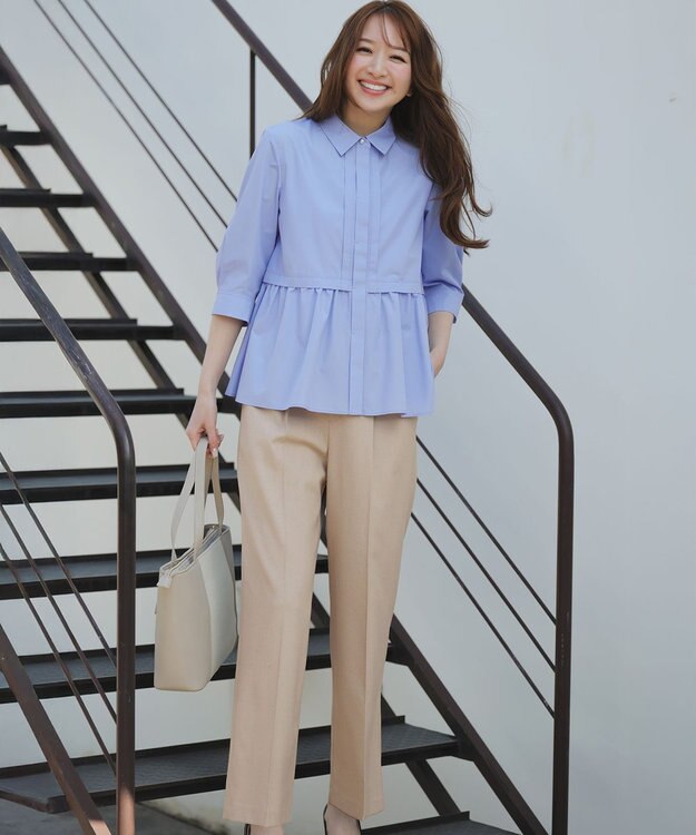 ANY SIS 褒めらレディストレッチ ワイドパンツ ベージュシャンブレー