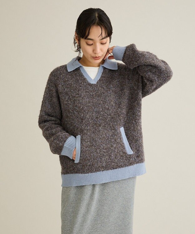 CRAFT STANDARD BOUTIQUE 配色Vネックニットプルオーバー Charcoal Gray