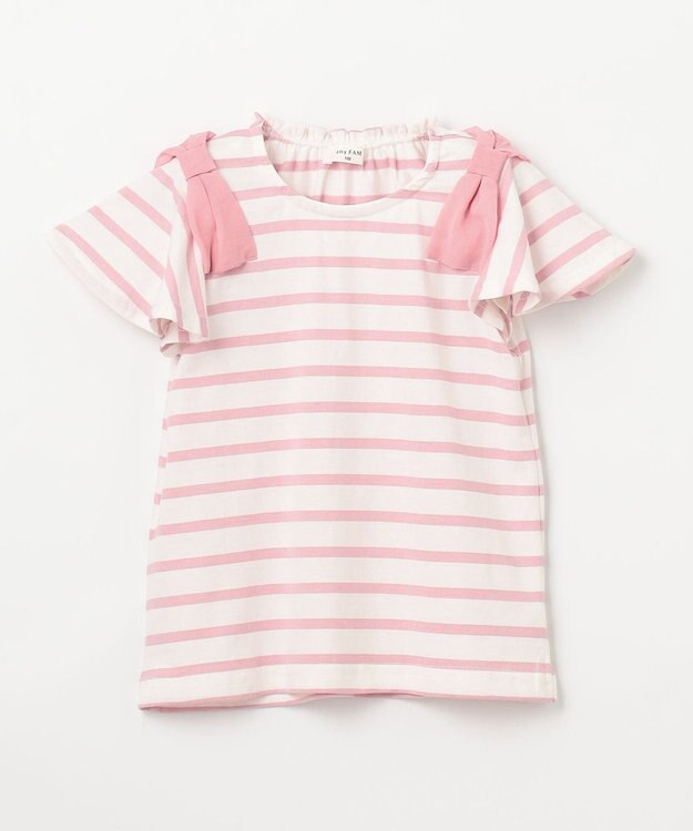ANY KIDS ひんやりクール 肩リボンTシャツ ピンク×ボーダー