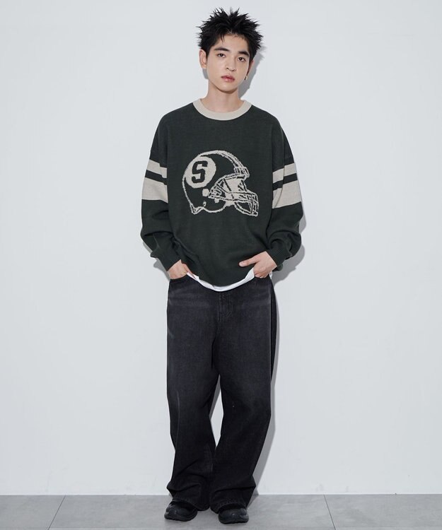 WEGO 【ユニセックス着用ITEM】ジャガードスリーブラインプルオーバー ダークグリーン