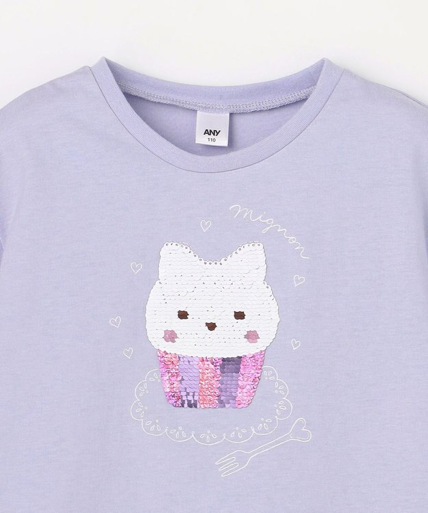 ANY KIDS 【綿100%】ドロップショルダーミラクルスパンコールTシャツ サックスブルー×ケーキ