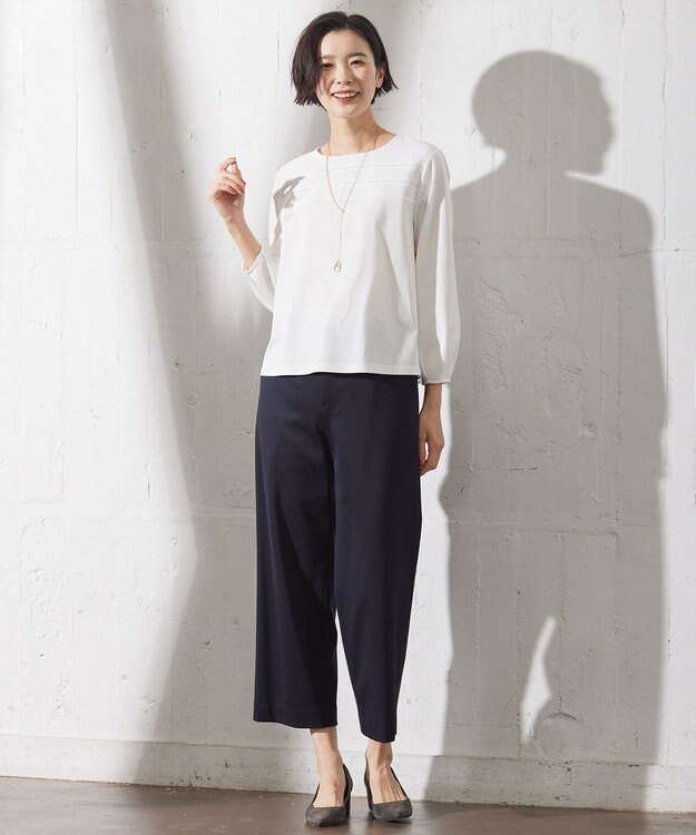 J.PRESS LADIES S 【セットアップ対応・洗える・抗菌防臭】T/Cポンチ セミワイド パンツ ネイビー系