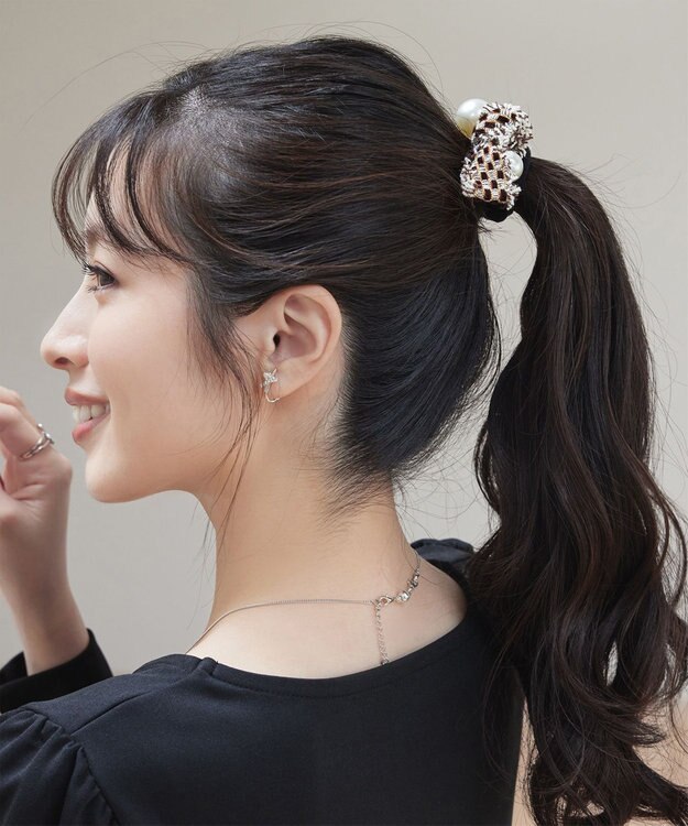 Tiaclasse パール×ツイードリボンヘアゴム ブラウン