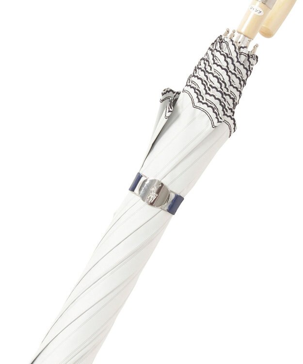 MOONBAT 【1級遮光/遮熱/UV】POLO RALPH LAUREN（ポロ ラルフローレン）晴雨兼用日傘  ストライプ スカラ刺繍 長傘 オフホワイト