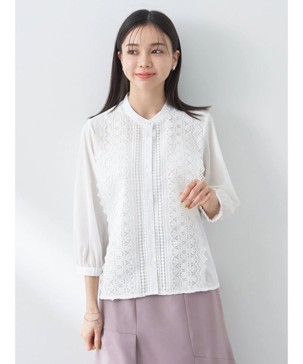 earth music&ecology フロントレースシフォンブラウス Off White