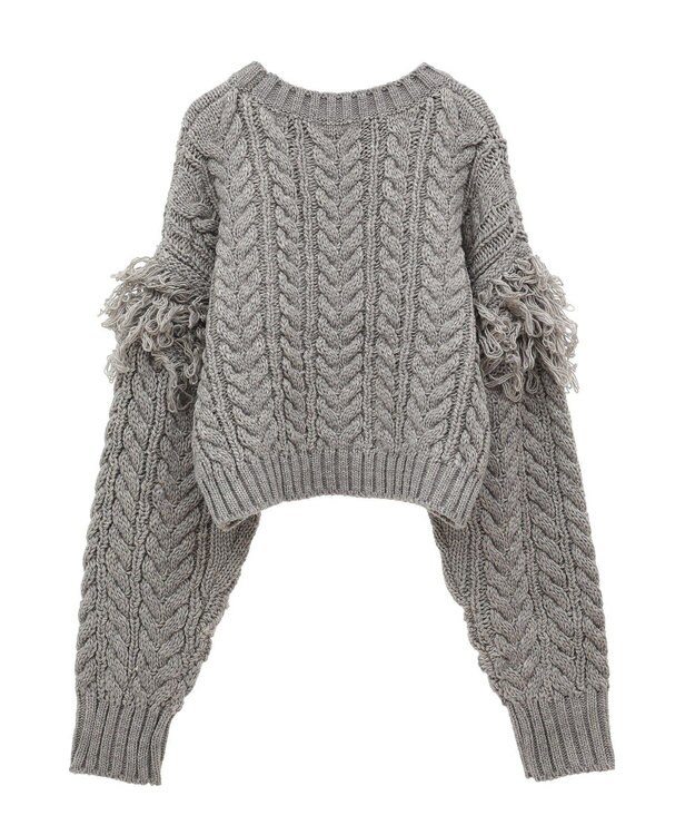 Green Parks フリンジスリーブショート丈ケーブルニット Light Gray