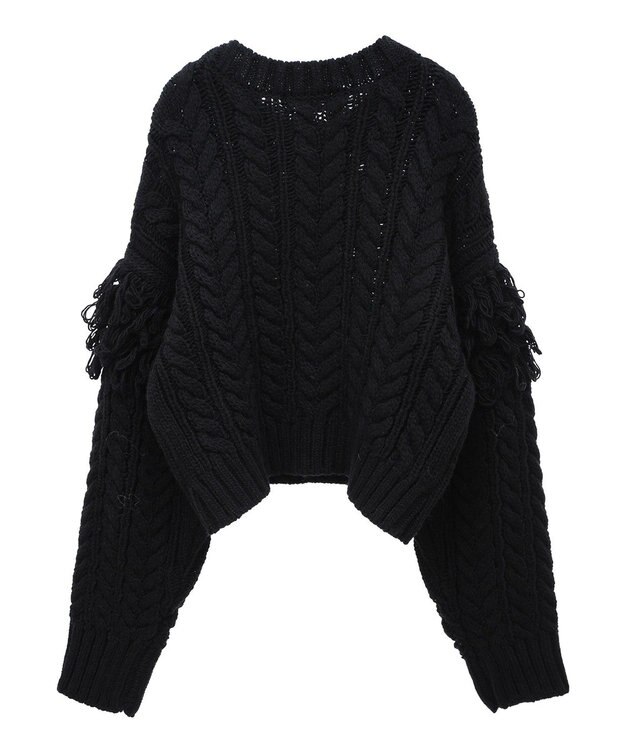 Green Parks フリンジスリーブショート丈ケーブルニット Black