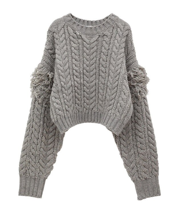 Green Parks フリンジスリーブショート丈ケーブルニット Light Gray
