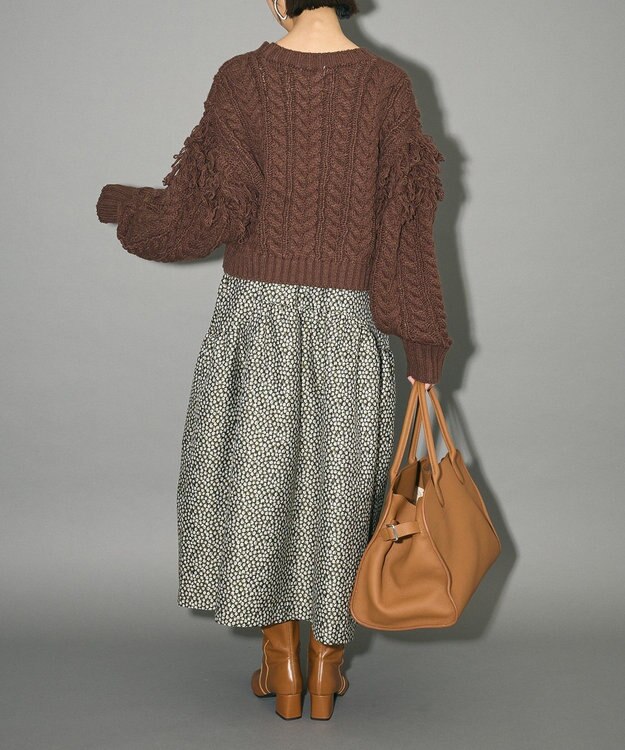 Green Parks フリンジスリーブショート丈ケーブルニット Dark Brown