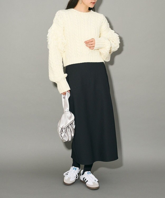 Green Parks フリンジスリーブショート丈ケーブルニット Ivory