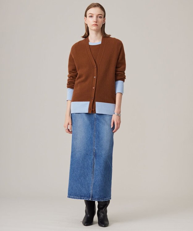 ICB L ピュアカシミヤ カーディガン サックス×コーヒー系