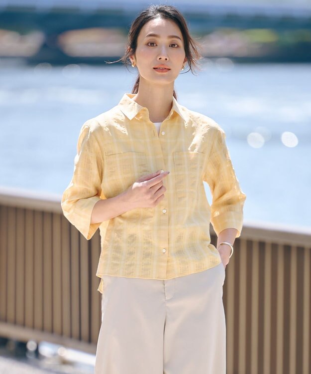 J.PRESS LADIES 【洗える】SHEER チェック シャツ ブラウス マリーゴールド系