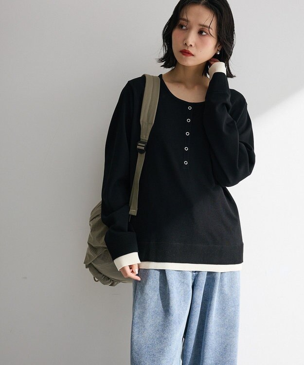 Green Parks ヘンリーネックレイヤードニットプルオーバー Black