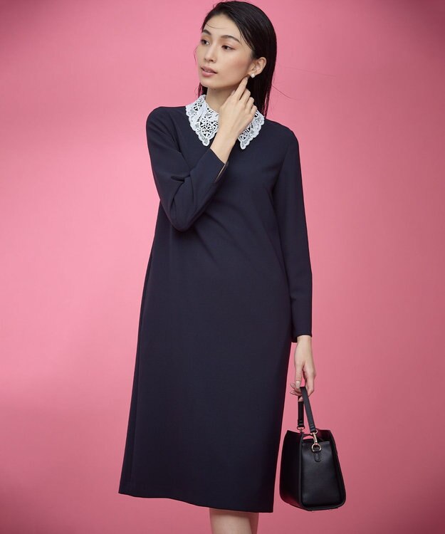 組曲 L 【KUMIKYOKU NAVY】コンフォータブルドレープ レース襟ワンピース ネイビー系